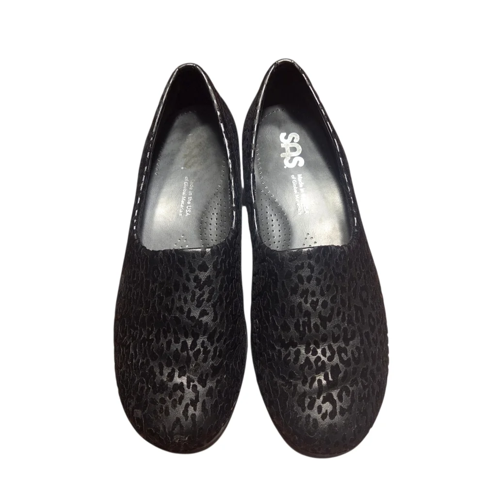 SAS Women's Bliss Black Leopard Slip On Wedge Shoes Size 7 Wide